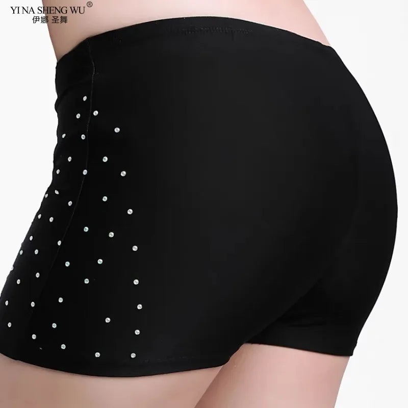 Black belly dance safety shorts with diamond embellishments