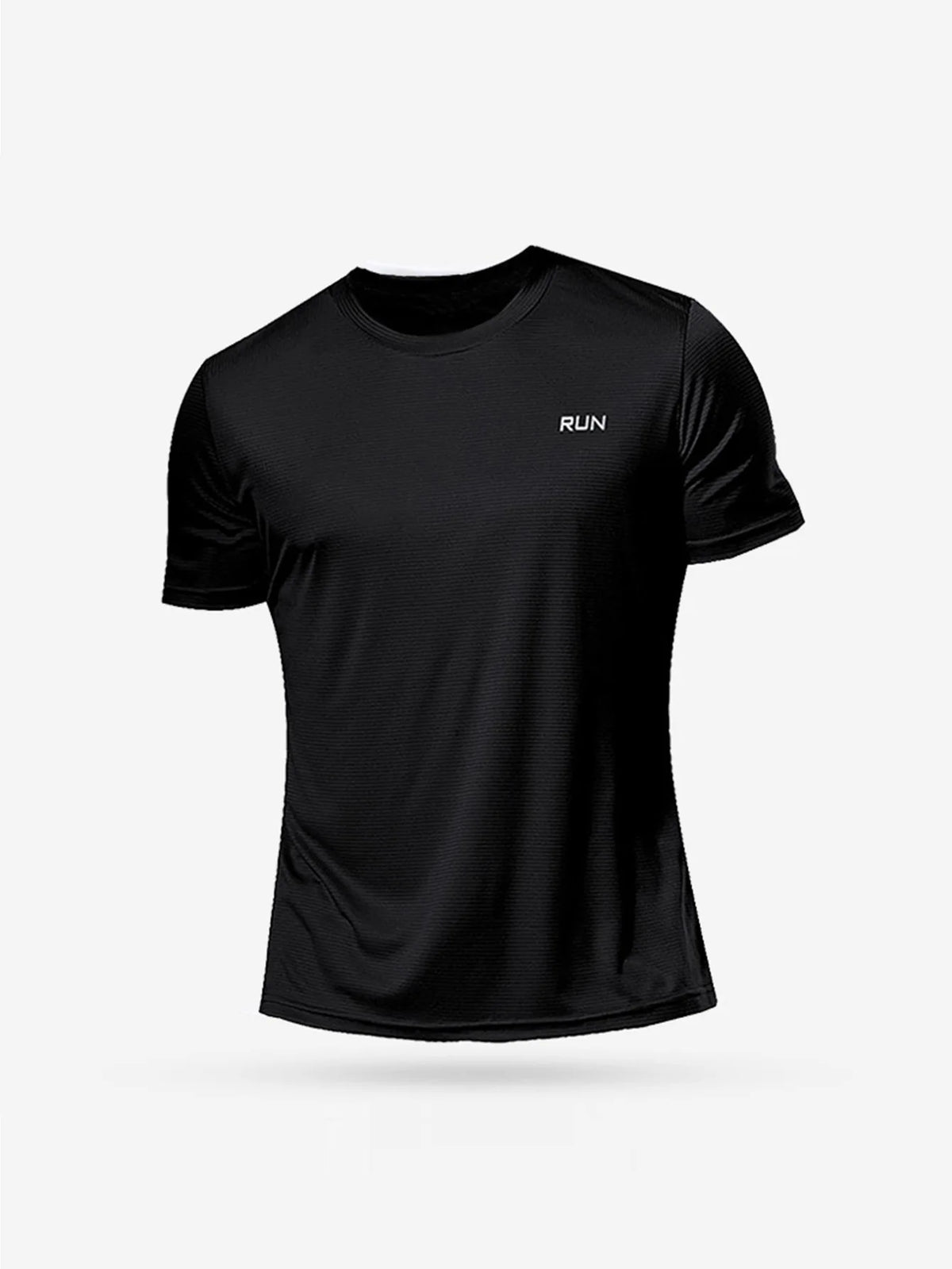 Black quick dry compression men's running shirt with RUN text for fitness and gym training.