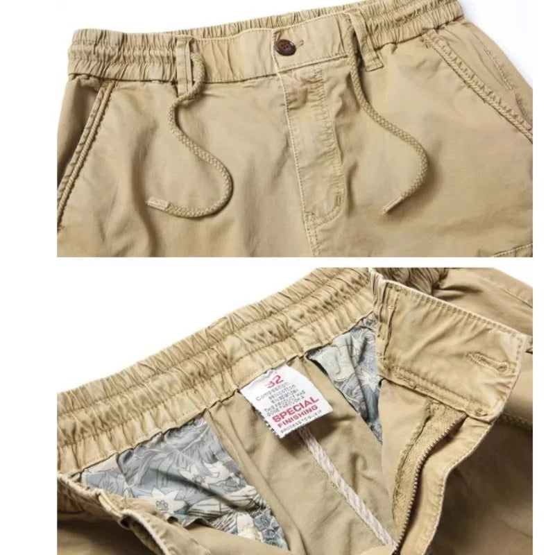 Close-up of tan cargo pants with elastic waistband and drawstring detail.