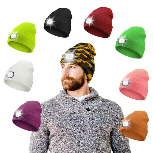 Winter Men Beanie Hat with LED Light Rechargeable Knitted Hat for Woman Cap Night Running Fishing Riding Sports Teenager Beanies