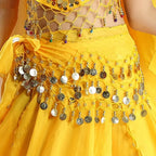 Yellow belly dance hip scarf wrap belt with gold coins and tassels by Mandotos International