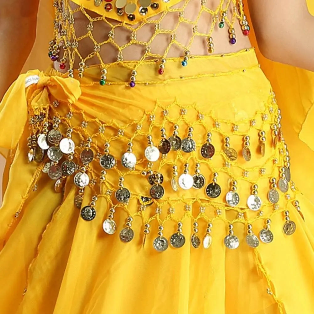 Yellow belly dance hip scarf wrap belt with gold coins and tassels by Mandotos International