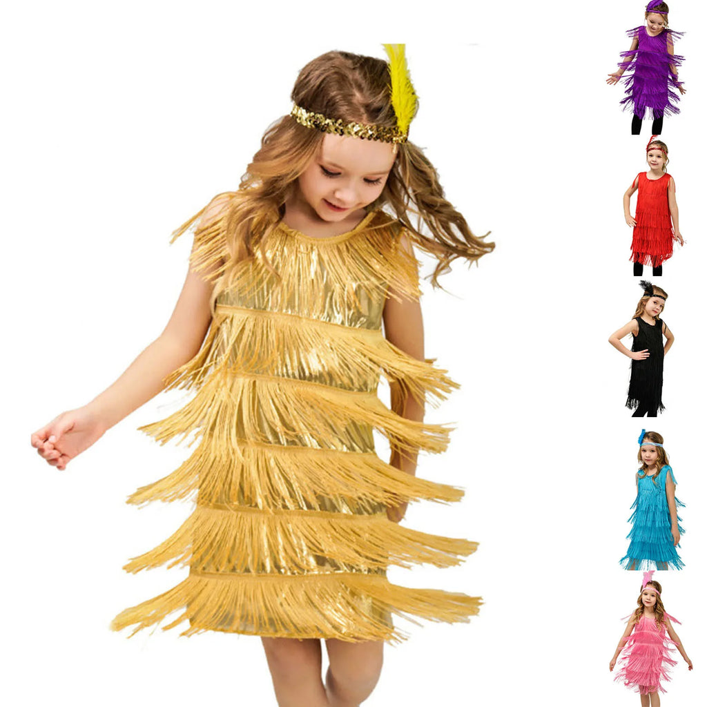 Girl wearing a gold tiered fringe flapper dress and sequin headband by Mandotos International