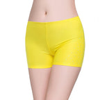 Yellow belly dance safety shorts with diamond embellishments by Mandotos International