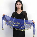 Woman holding a blue belly dance hip scarf with gold coin tassels by Mandotos International