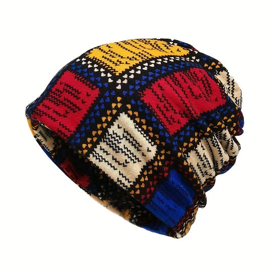 Autumn & Winter Vintage Printed Beanie - Classic Color Block Elastic Slouchy Skull Cap Boho Neck Gaiter Windproof for Women Men
