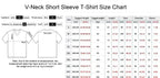 Size chart for Mandotos International women's V-neck short sleeve T-shirt showing height and bust.