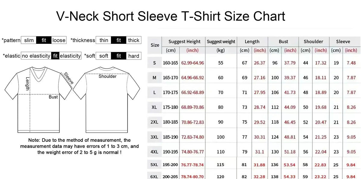 Size chart for Mandotos International women's V-neck short sleeve T-shirt showing height and bust.