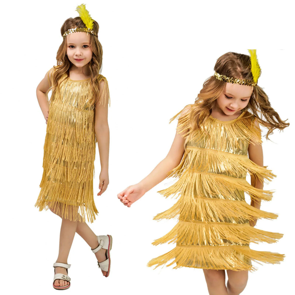 Girl wearing a gold fringe flapper dance dress and feather headband by Mandotos International