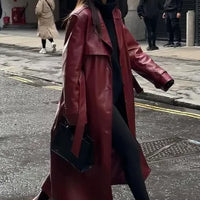 Women's Long PU Leather Jacket | Polo Collar Lace Detail Coat