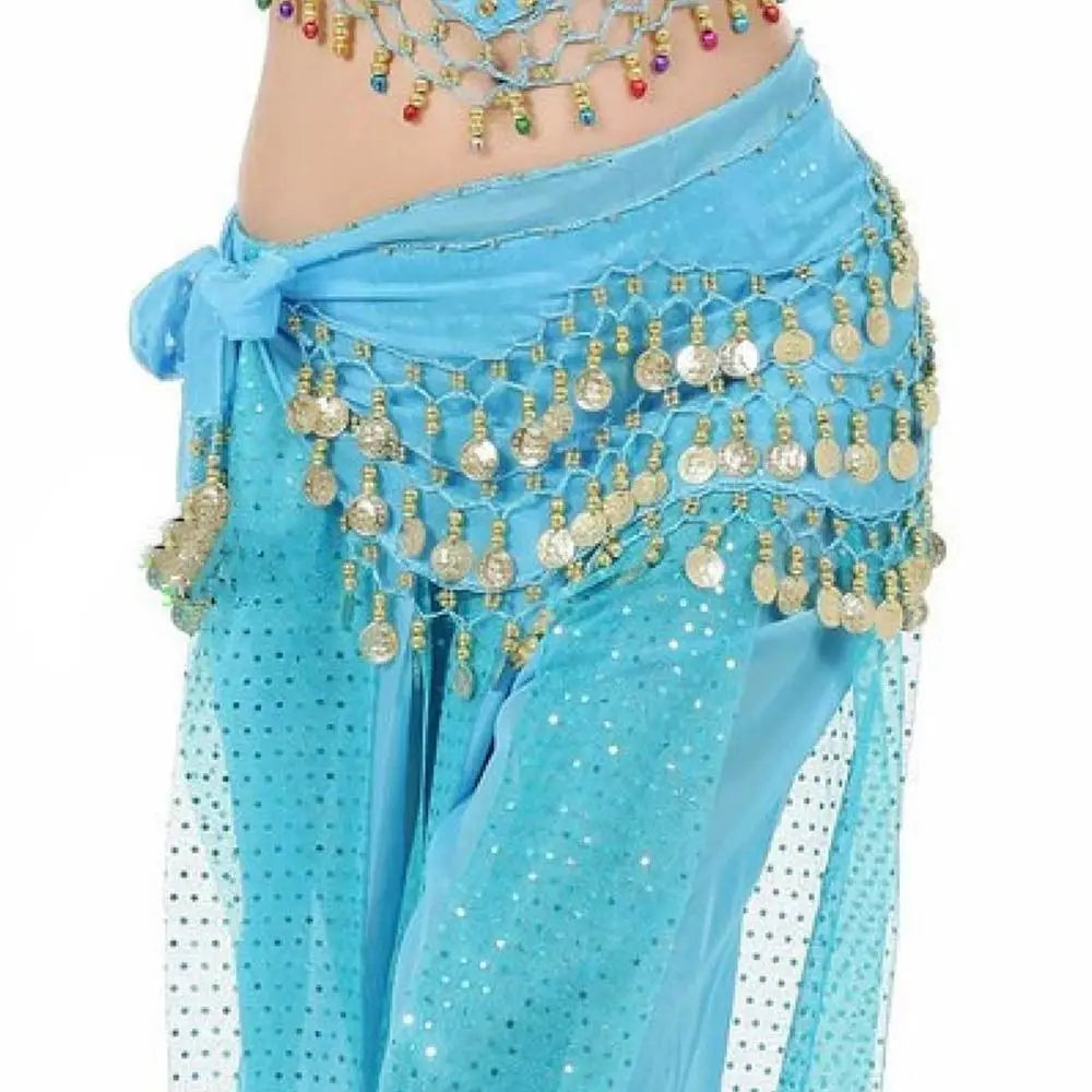 Light blue belly dance hip scarf wrap belt with gold sequins and coins