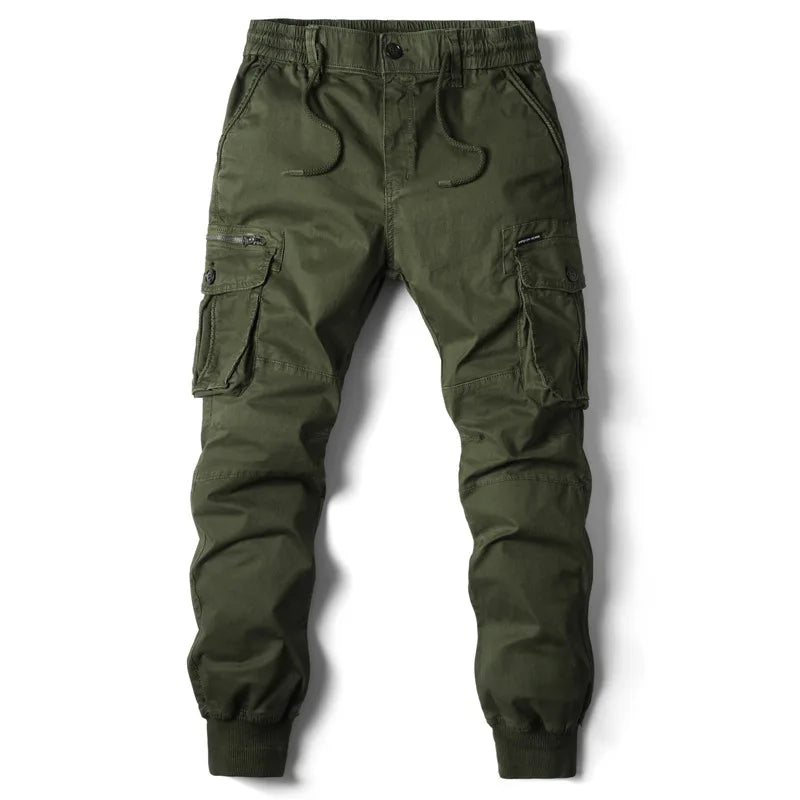 Men's olive green cotton cargo jogger pants with tactical military pockets.