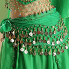 Green belly dance hip scarf wrap belt with gold coins and tassels by Mandotos International