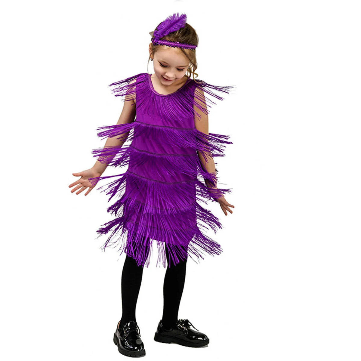 Girl in a purple flapper fringe dress with a feathered headband for carnival or Latin dance.