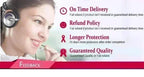 Customer service icon with woman wearing headset, featuring delivery and refund policy details.