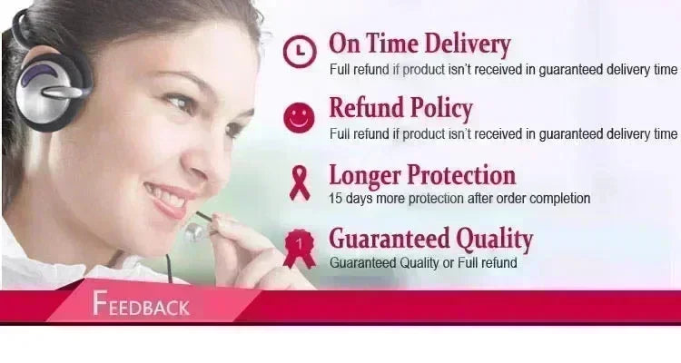 Customer service icon with woman wearing headset, featuring delivery and refund policy details.