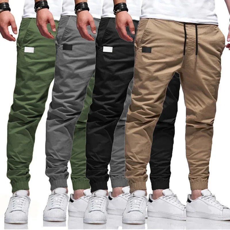 Men's casual sports jogger cargo pants in green, grey, black, and khaki colors.