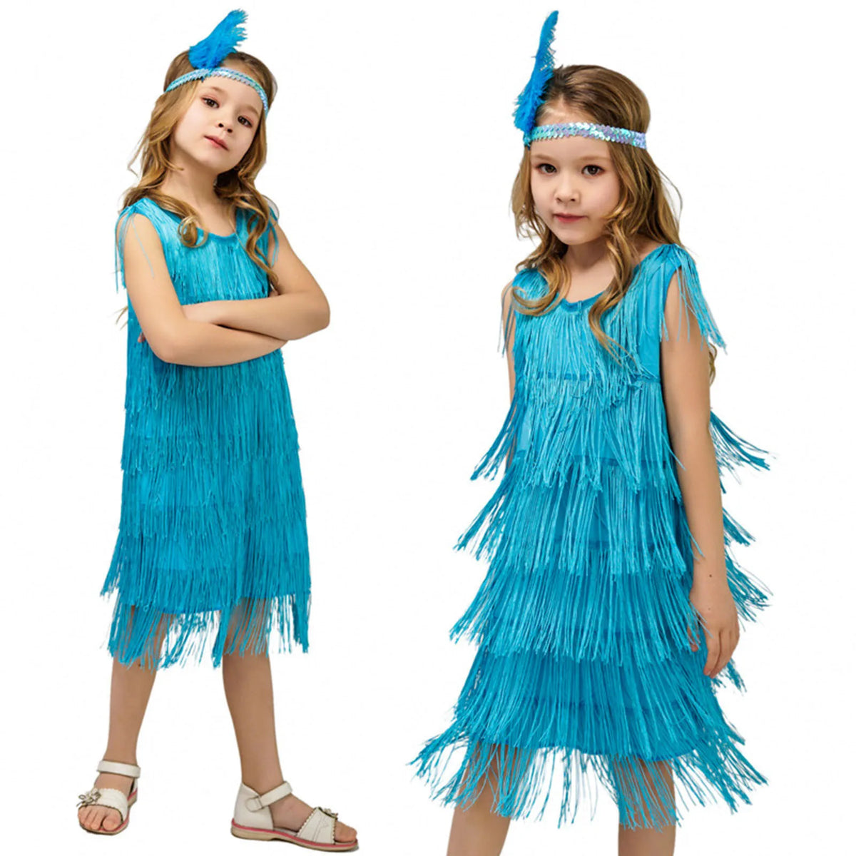 Girl in turquoise flapper dress with fringe and feather headband for carnival or dance.