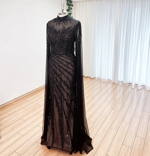 Eshaut&bridal Luxury Beaded Evening Dress Cape Sleeve Dubai Sheer Neck Mermaid Formal Prom Wedding Party Gown Customized 2026