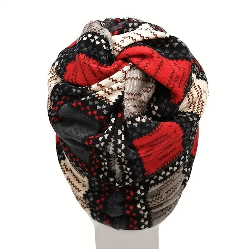 Autumn & Winter Vintage Printed Beanie - Classic Color Block Elastic Slouchy Skull Cap Boho Neck Gaiter Windproof for Women Men