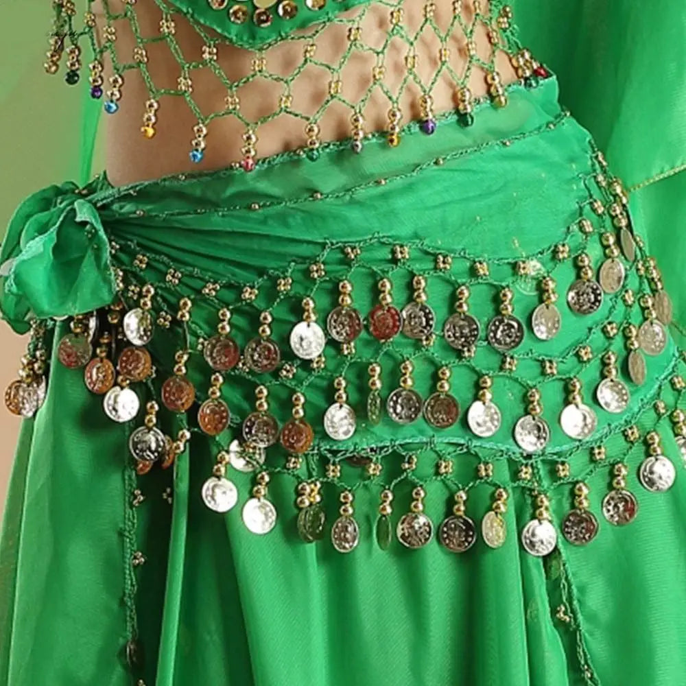 Green belly dance hip scarf with gold sequins and coin tassels for sexy dancer costumes.