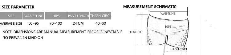 Size parameter chart and measurement schematic for belly dance safety shorts.