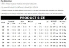 Size chart for Mandotos International cargo pants showing length, hip, waist, height, and weight.
