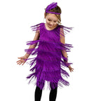 Girl wearing a purple Mandotos International flapper fringe dress and feather headband