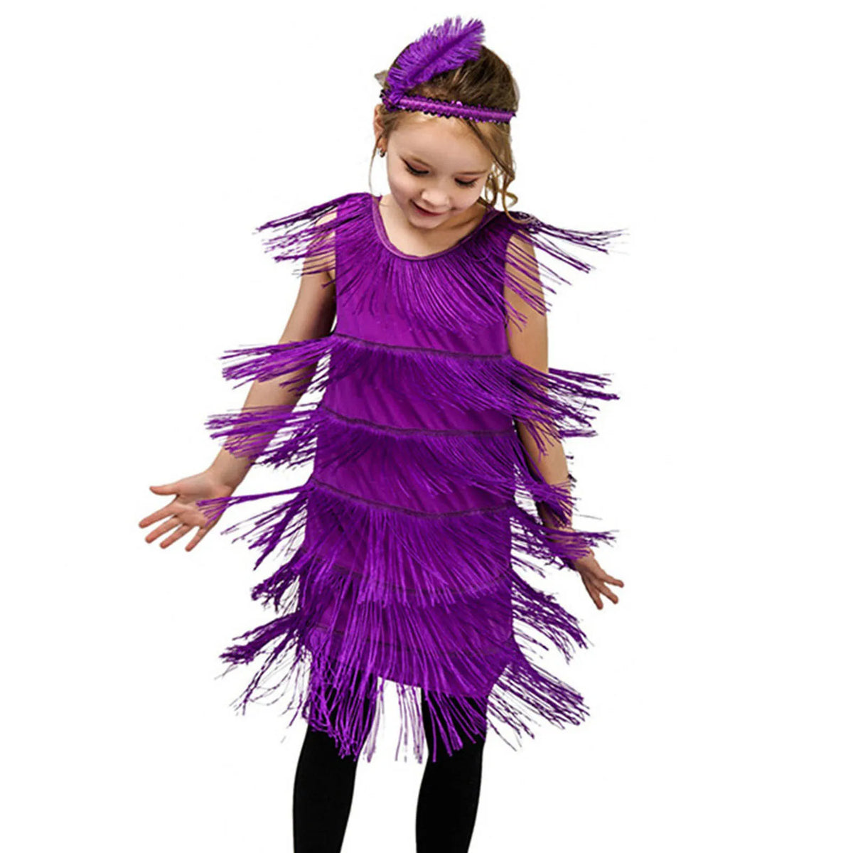 Girl wearing a purple Mandotos International flapper fringe dress and feather headband