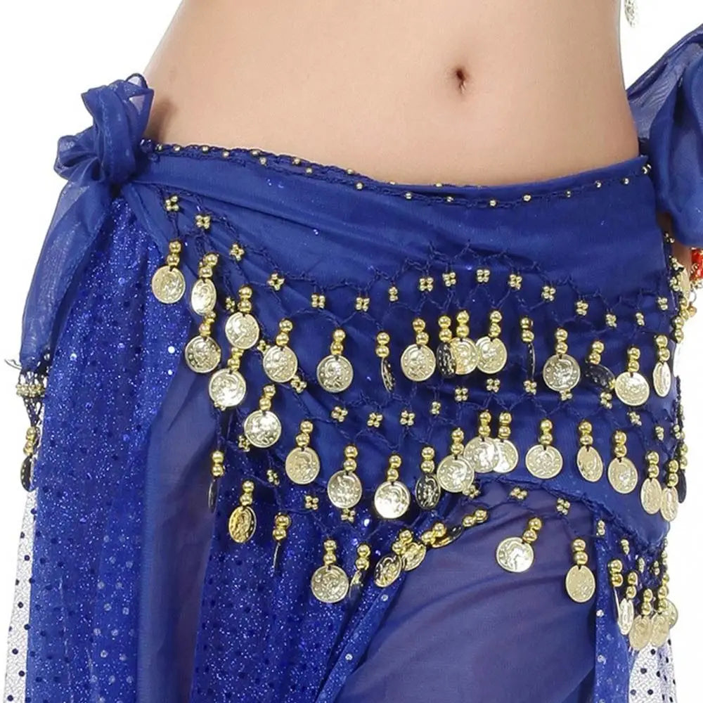 Blue sequins belly dance hip scarf wrap belt with gold coins for women