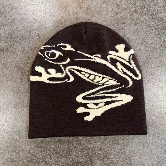 Tree Frog Print Beanie Men Women, Stretchy Knit Skull Cap for Outdoor Sports, Casual Streetwear, Unisex Cuffed Winter Hat