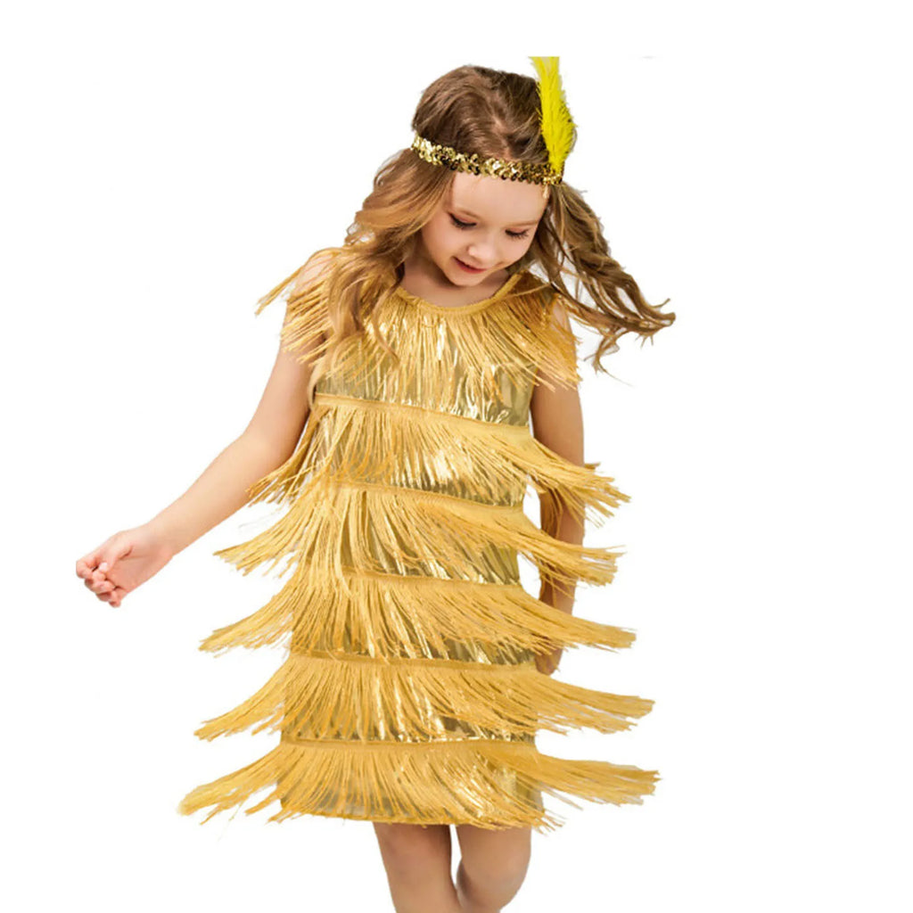 Girl in gold sequin flapper dress with fringe and feather headband costume
