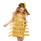 Girl in gold sequin flapper dress with fringe and feather headband costume