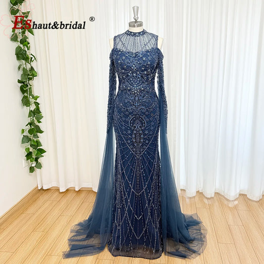 Eshaut&bridal Luxury Beaded Evening Dress Cape Sleeve Dubai Sheer Neck Mermaid Formal Prom Wedding Party Gown Customized 2026