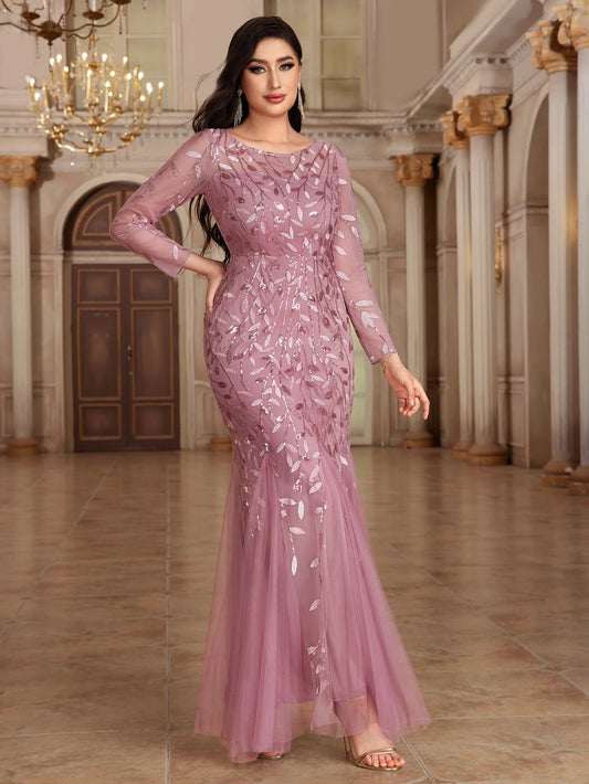 2024 Hot Sale Mermaid Evening Dresses O-Neck Full Sleeve Tulle Embroidery Long Party Gown Elegant Formal Dress