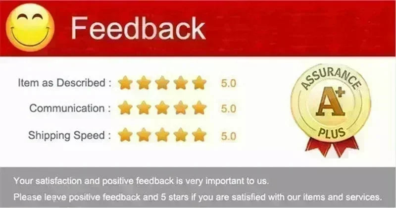 Customer feedback rating showing 5.0 stars for item description, communication, and shipping.