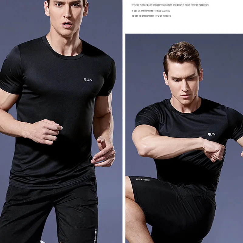 Man wearing a black Mandotos International quick dry compression fitness gym t-shirt.