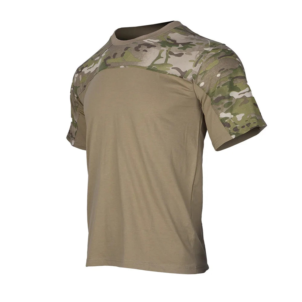 Mandotos International men's tactical combat shirt with camouflage sleeves and tan body.