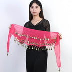 Woman holding a pink belly dance hip scarf wrap with gold coin tassels