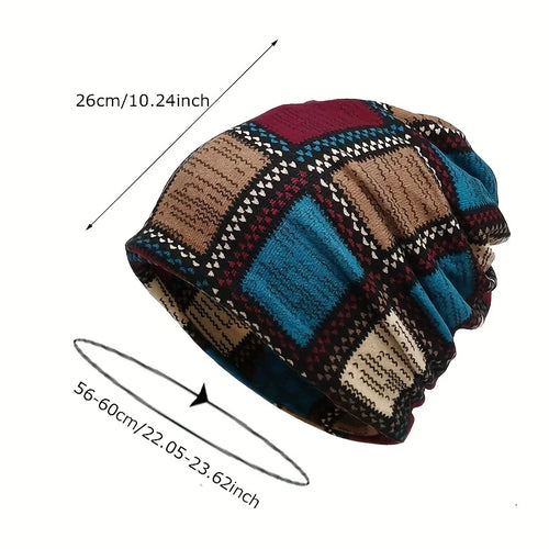 Autumn & Winter Vintage Printed Beanie - Classic Color Block Elastic Slouchy Skull Cap Boho Neck Gaiter Windproof for Women Men