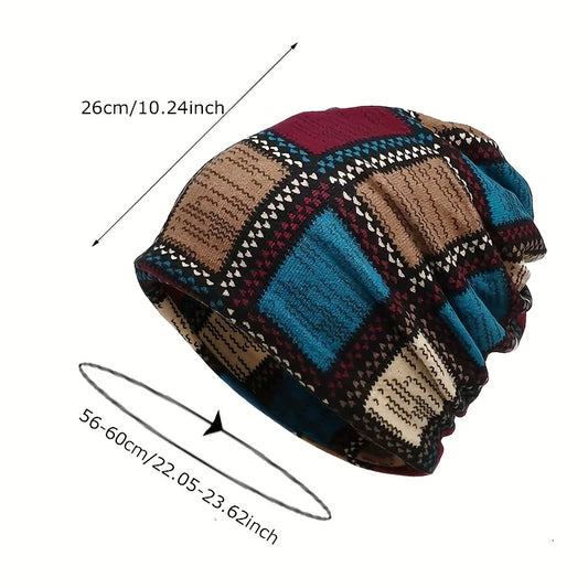 Autumn & Winter Vintage Printed Beanie - Classic Color Block Elastic Slouchy Skull Cap Boho Neck Gaiter Windproof for Women Men