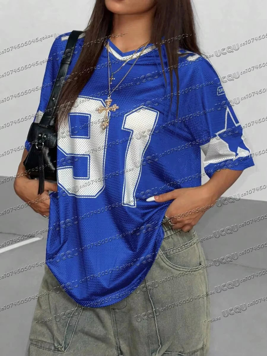 Women's blue short sleeve loose T-shirt with white 91 digital fashion print streetwear top.