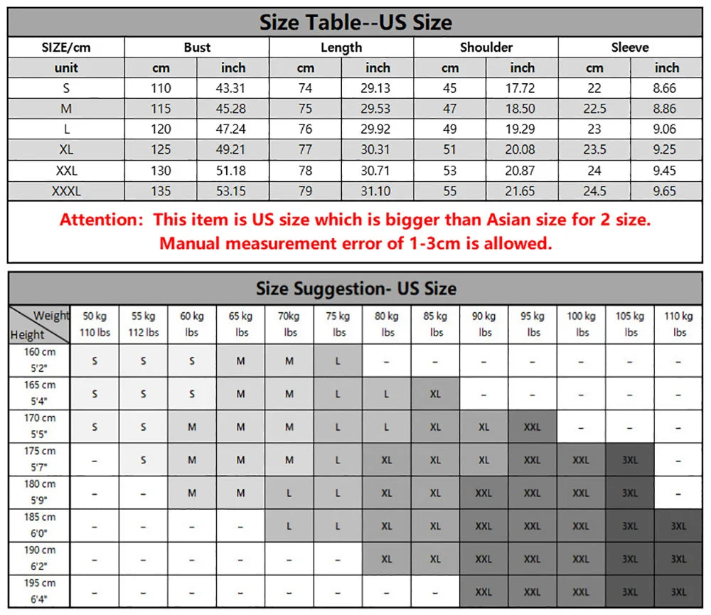 Size chart table for Mandotos International men's linen cotton short sleeve button up shirts.