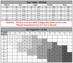 Size chart table for Mandotos International men's linen cotton short sleeve button up shirts.