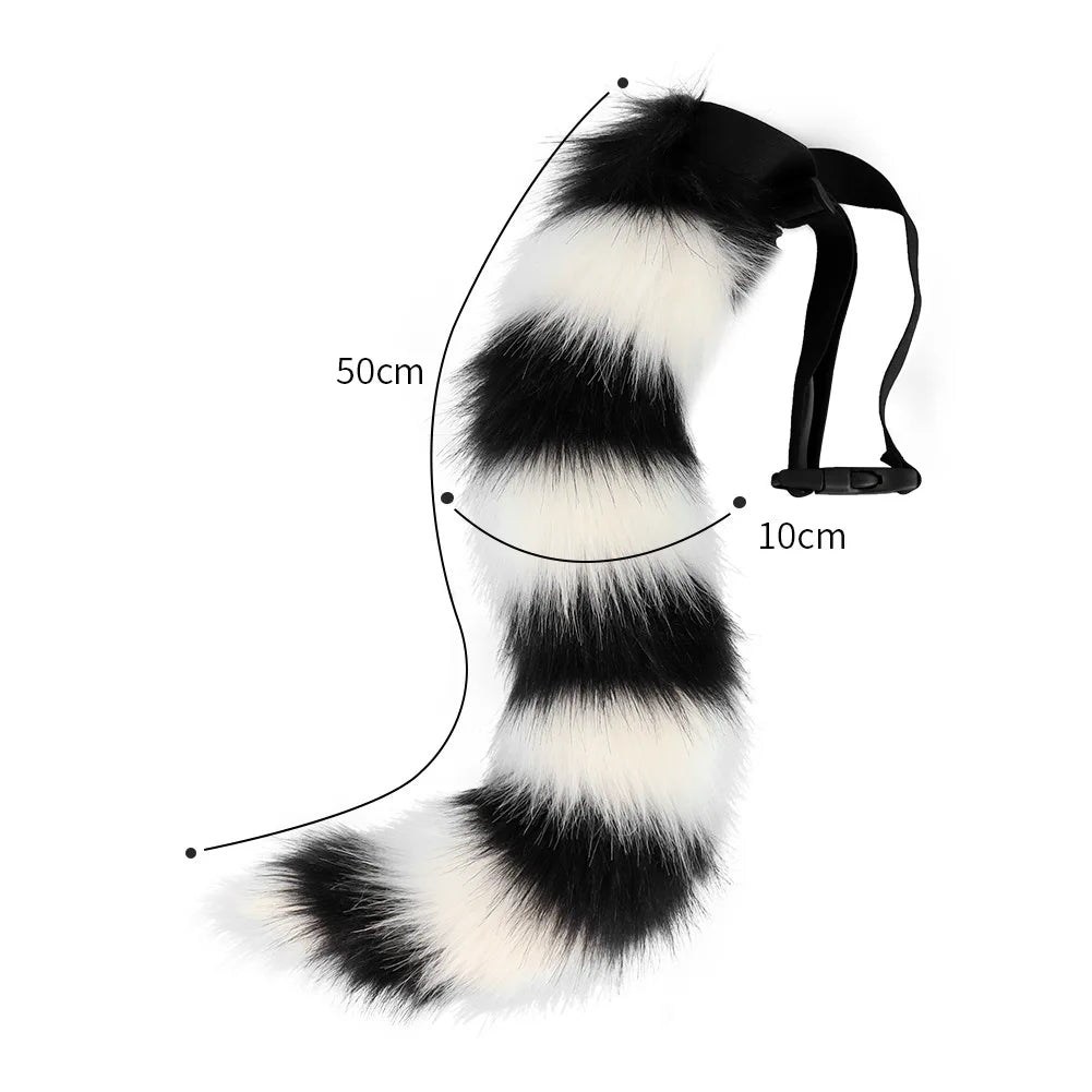 Black and white striped faux fur animal tail cosplay prop with 50cm length.