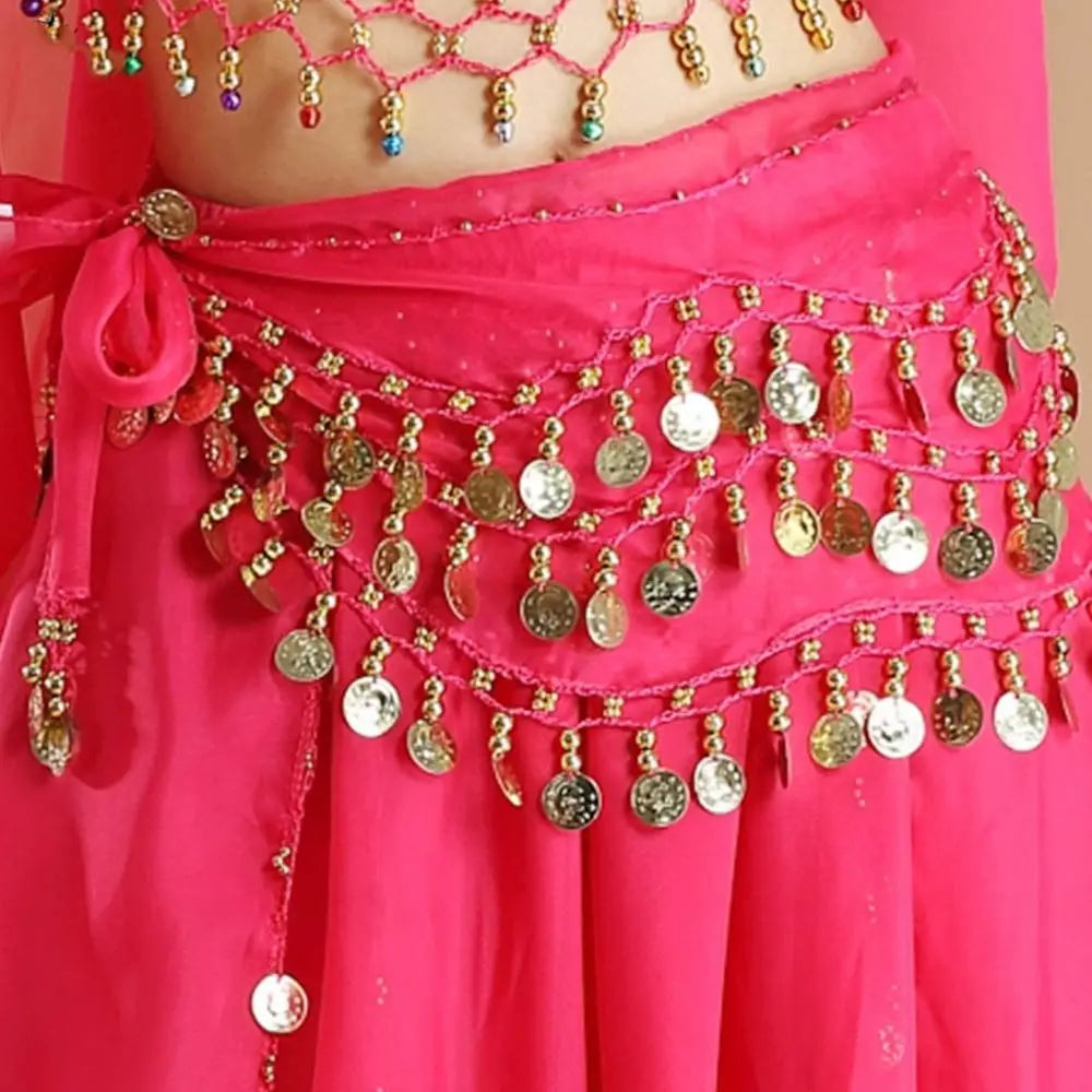 Pink belly dance hip scarf wrap belt with gold coin tassels and sequins