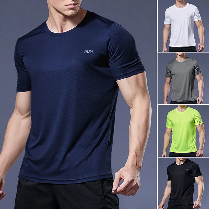 Mandotos International men's quick dry running t-shirts in navy, white, grey, and lime green.