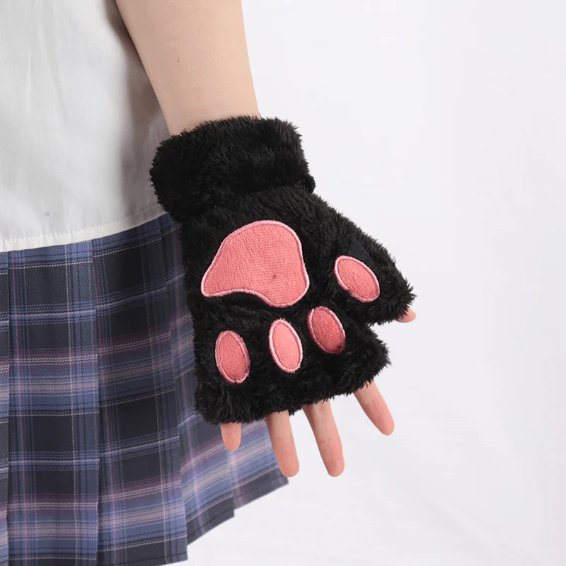 Kawaii black plush fingerless cat paw gloves with pink paw pads by Mandotos International