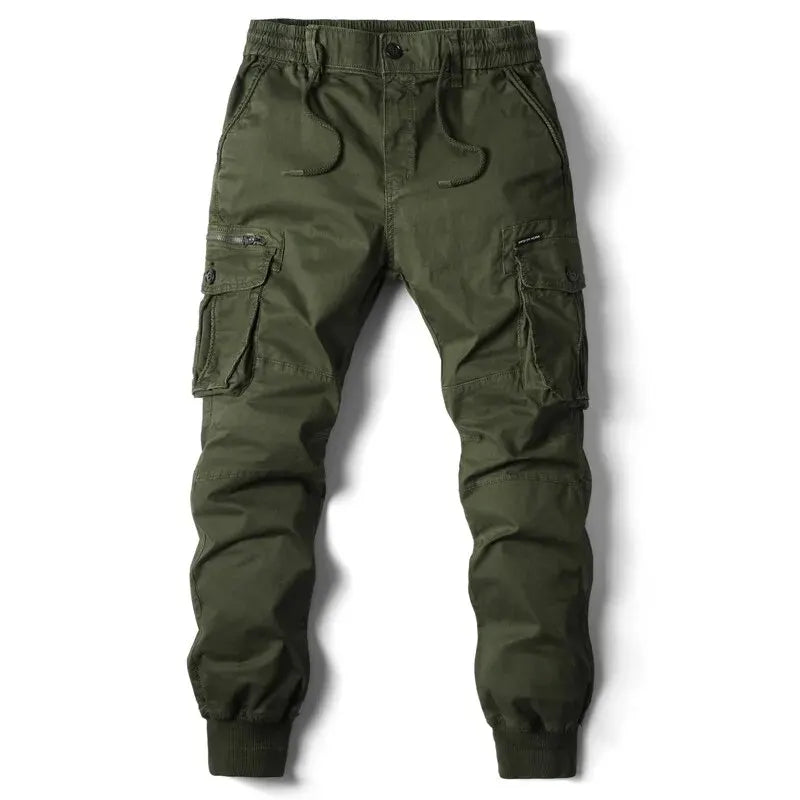 Olive green men's cotton cargo jogging pants with tactical military style pockets.