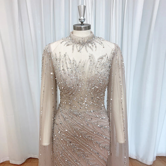 Eshaut&bridal Luxury Beaded Evening Dress Cape Sleeve Dubai Sheer Neck Mermaid Formal Prom Wedding Party Gown Customized 2026